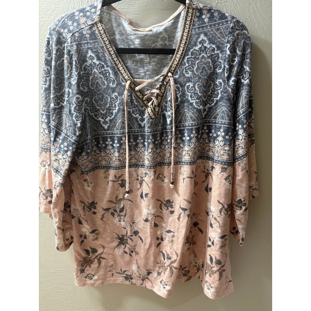 Style & Co Pink Blue Paisley Floral Lace Up Beaded V-Neck Top Plus Size